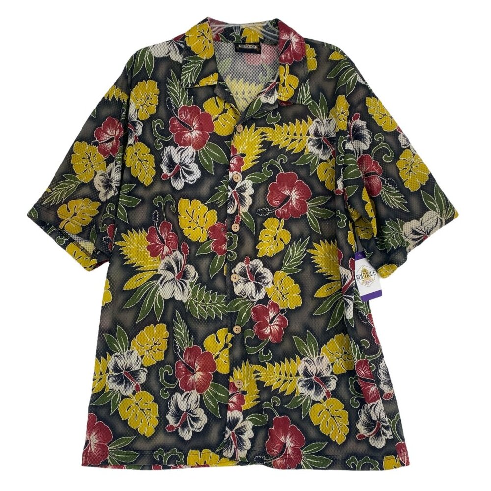 Vtg ODO Hawaiian Shirt XL Mesh Coconut Buttons 90s y2K Resort Cruise Beach Wear